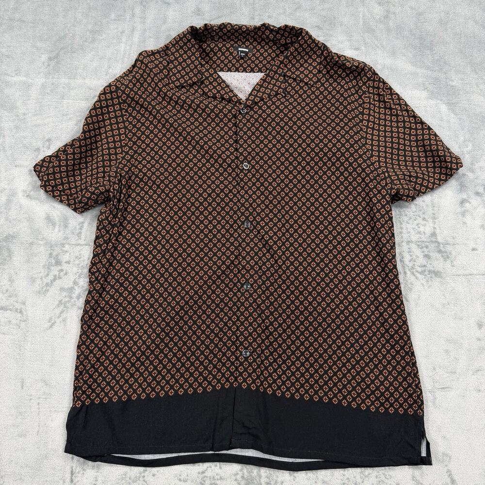 Express Mens Medium Camp Collar Shirt Black Brown Geometric Print Resort NWOT